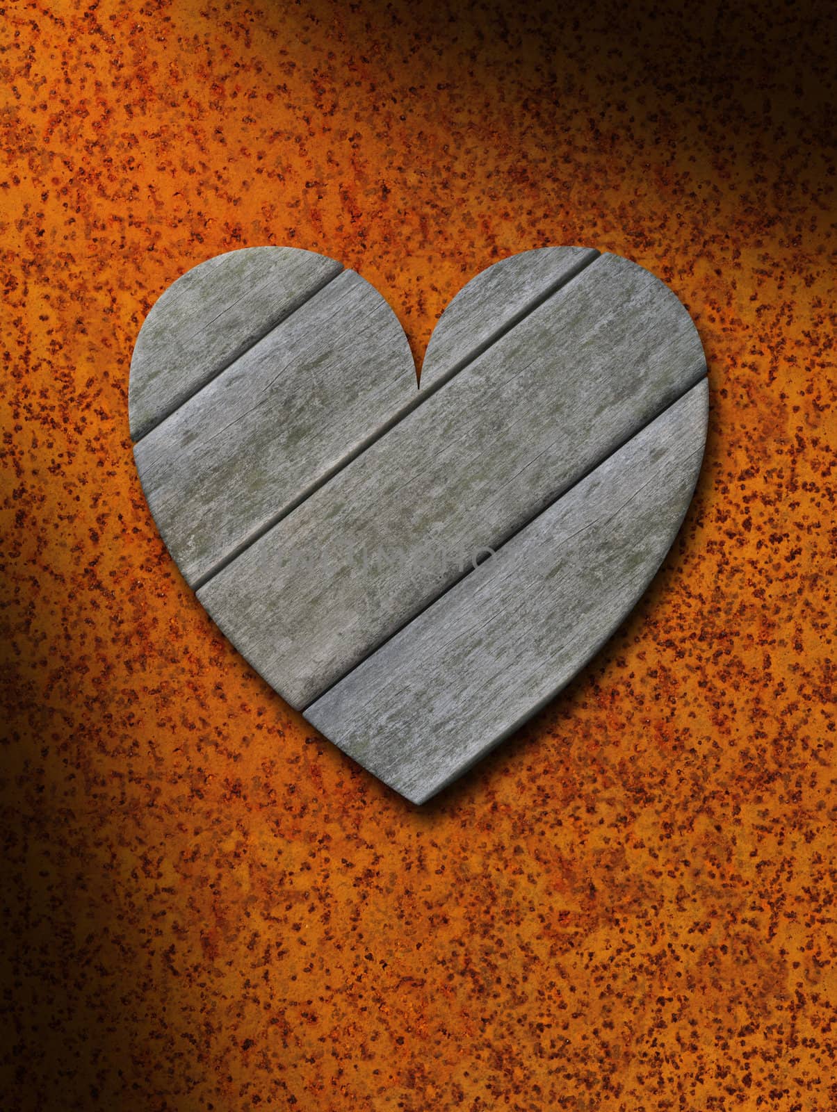 Weathered gray wood heart against rusty metal background by Balefire9