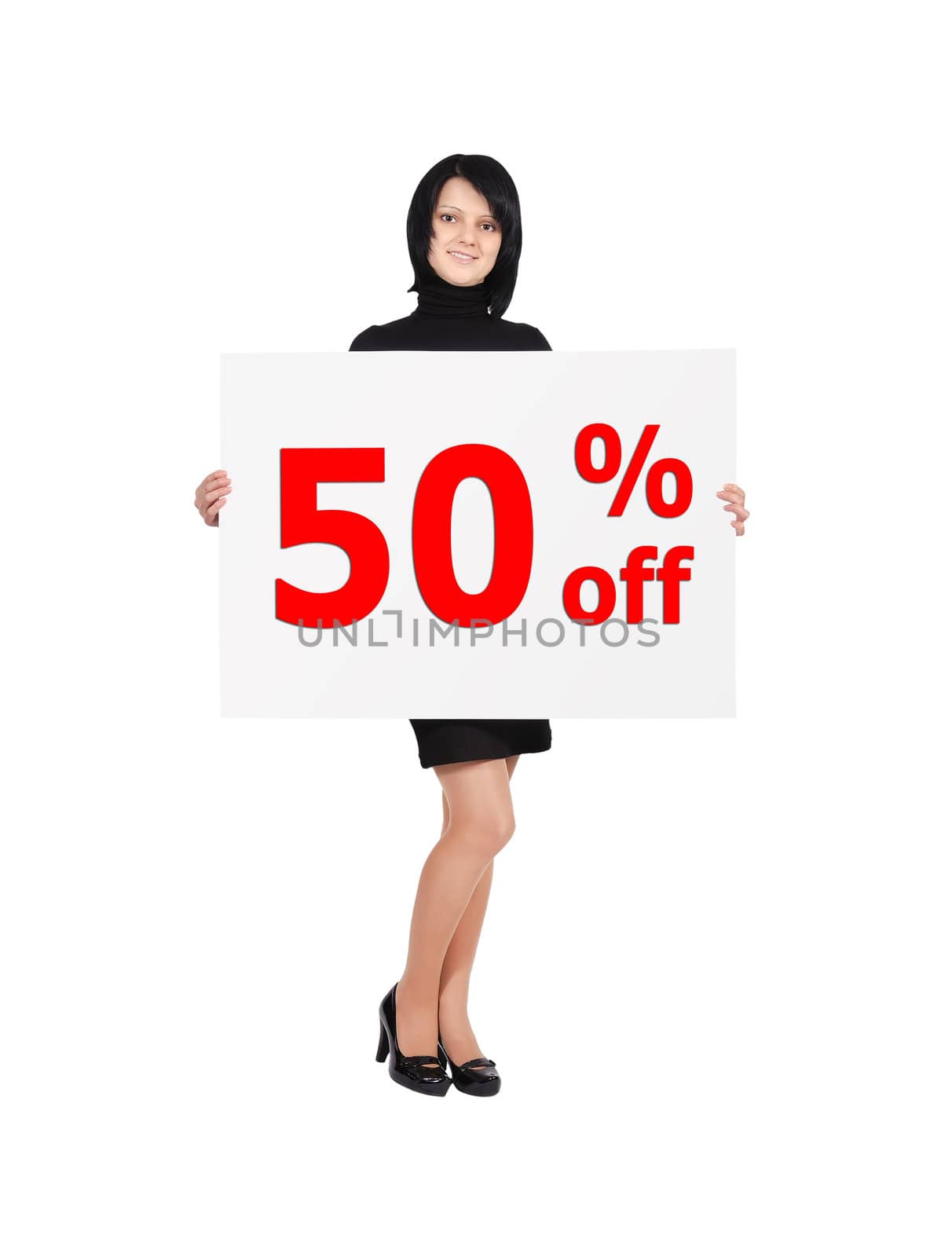happy young woman holding discount  billboard