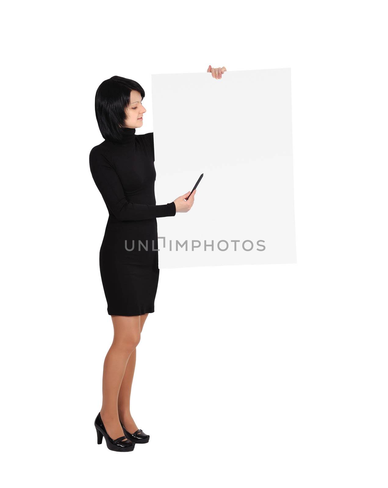 happy young woman holding blank billboard