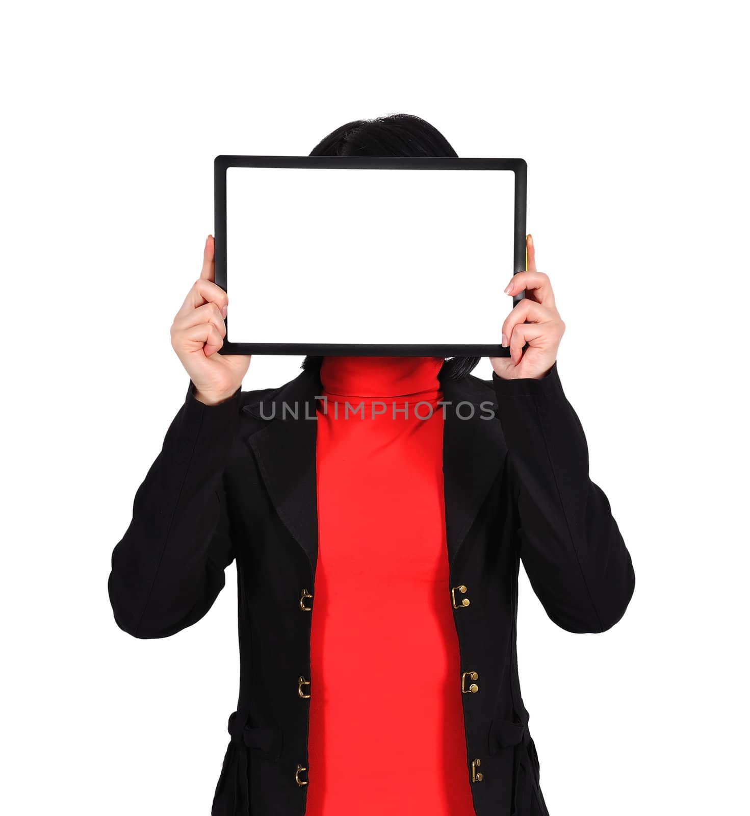 woman holding  touch pad with blank screen