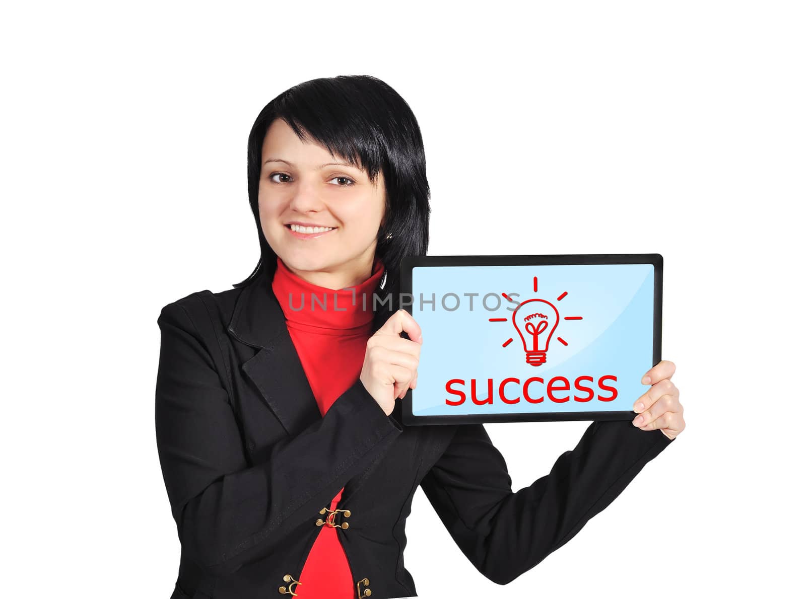 woman holding  touch pad with success symbol
