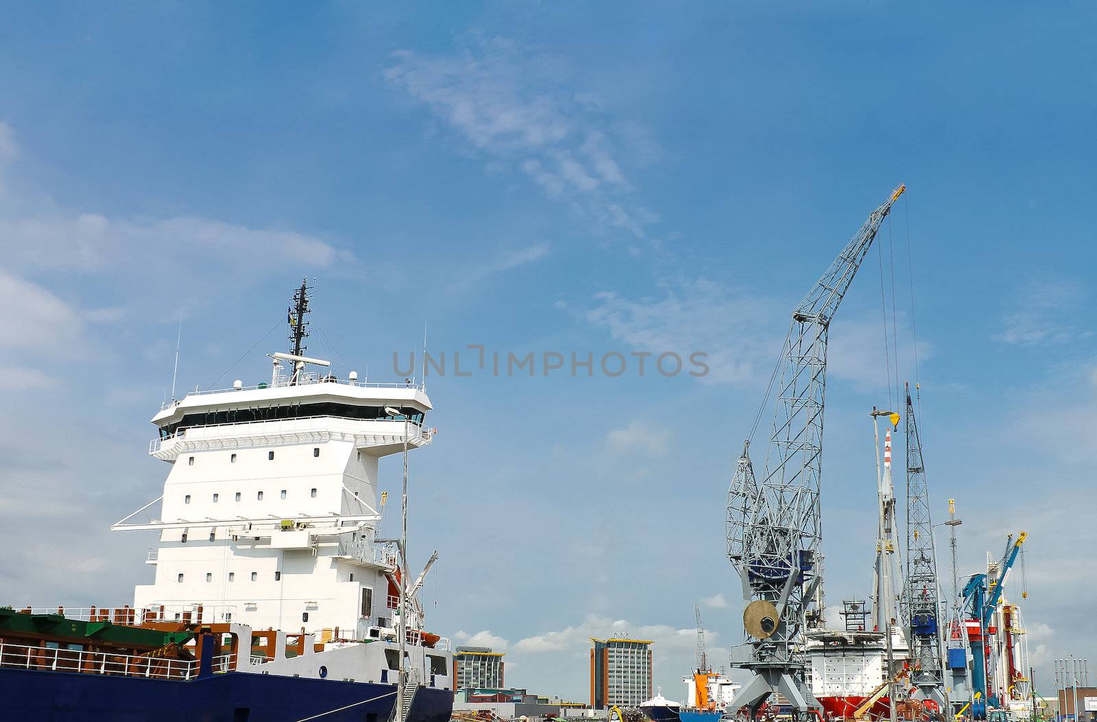 Industrial landscape. Ship and crane in shipyard  by NickNick