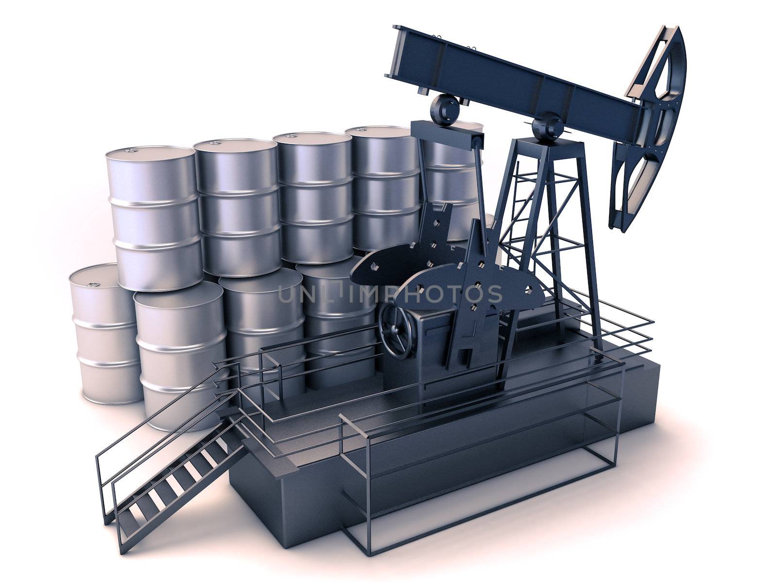 Production of oil: oil rig and barrels on a white background