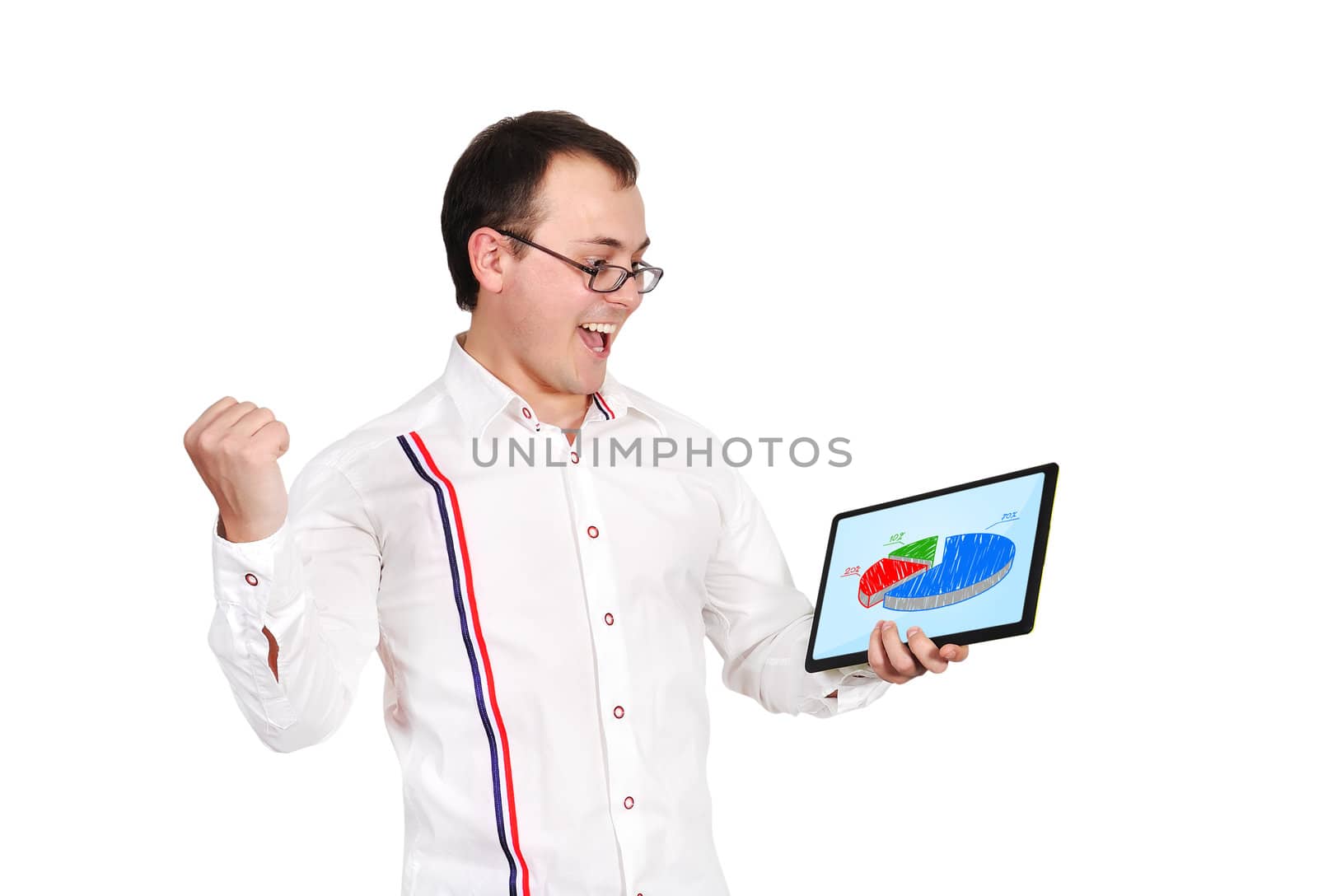 happy businessman and tablet with business chart