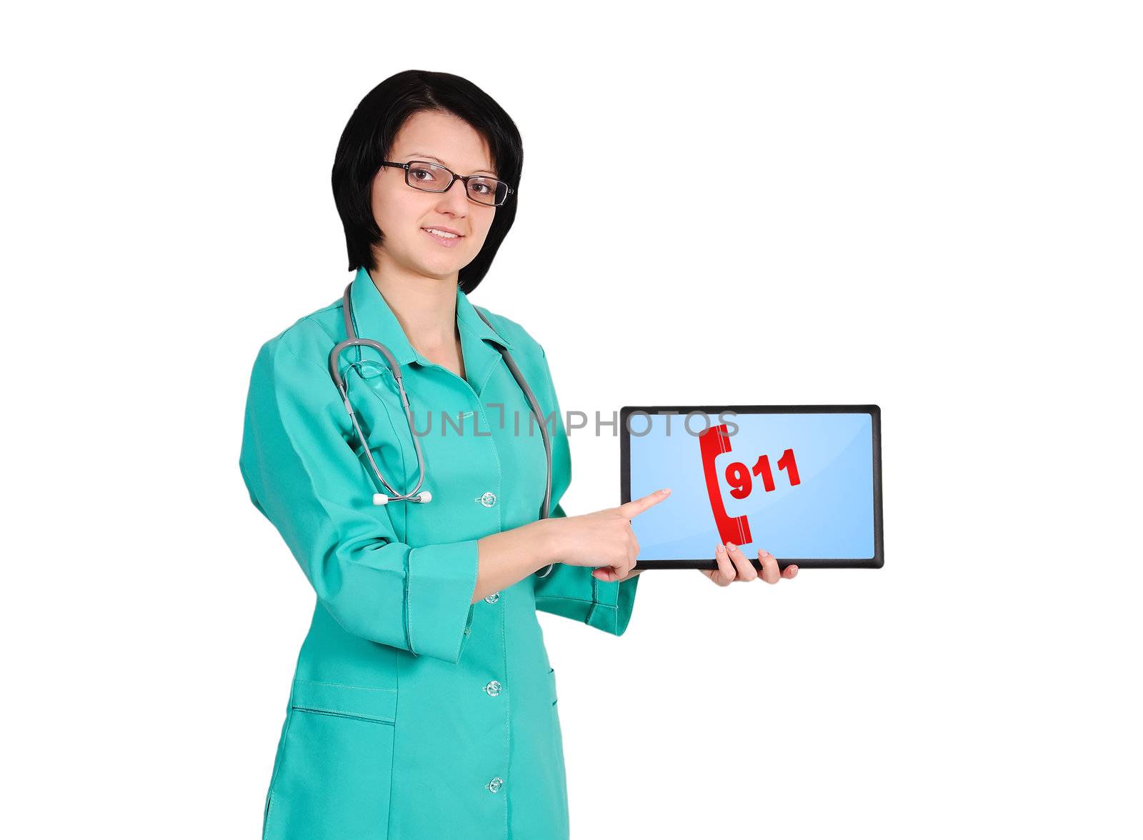 doctor pointing at 911 symbol on touchpad