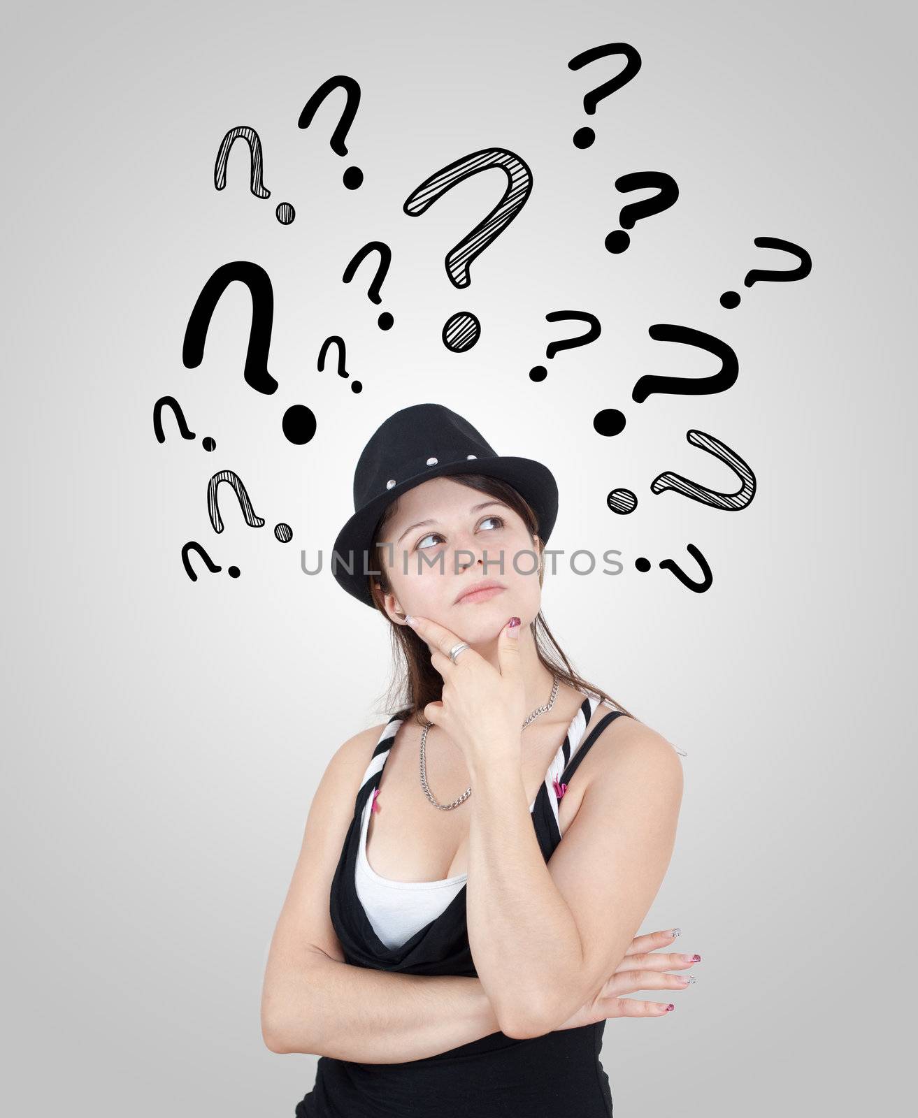 woman with question mark over head looking up