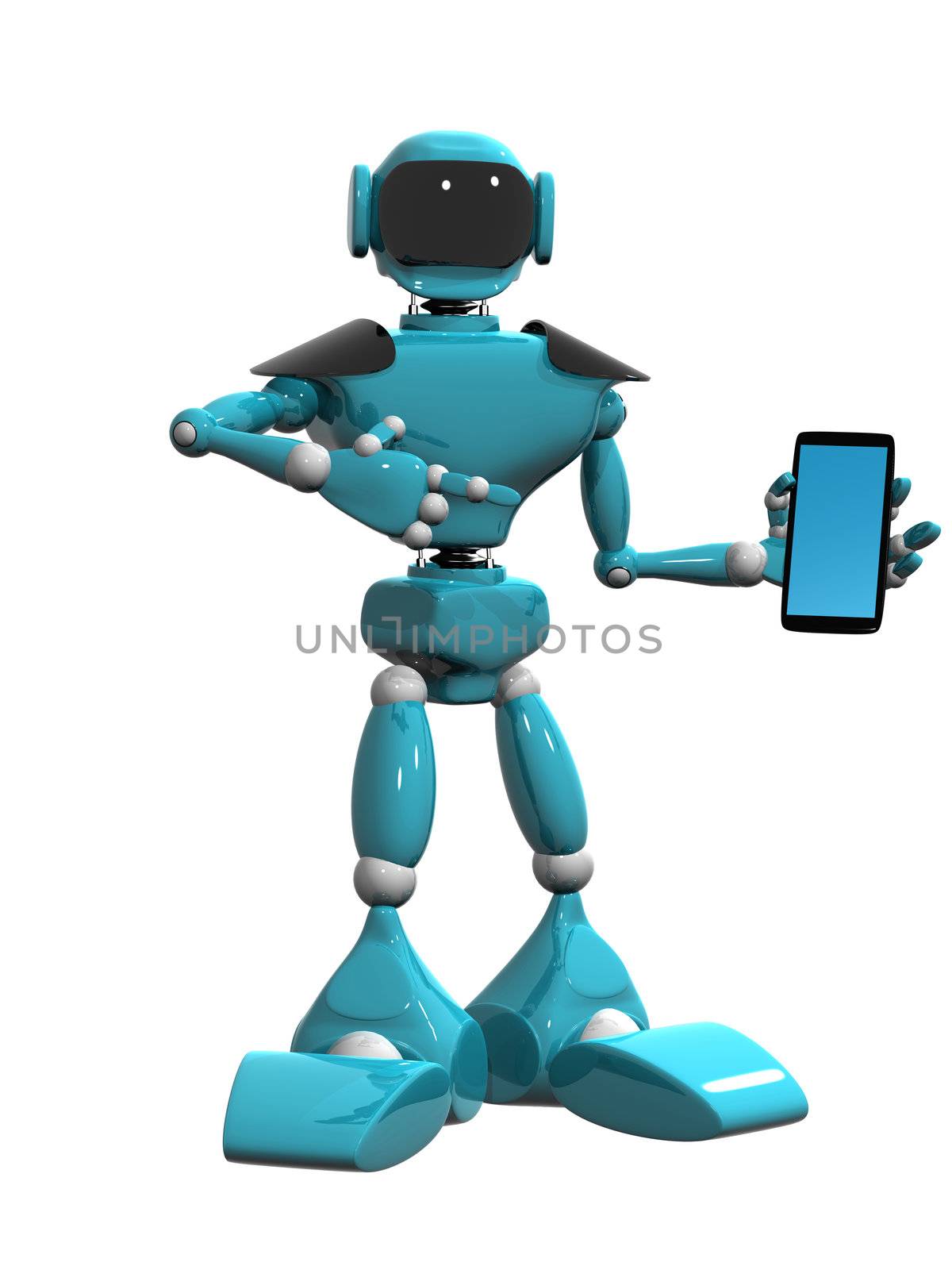 3d illustration of a blue robot and phone on white background