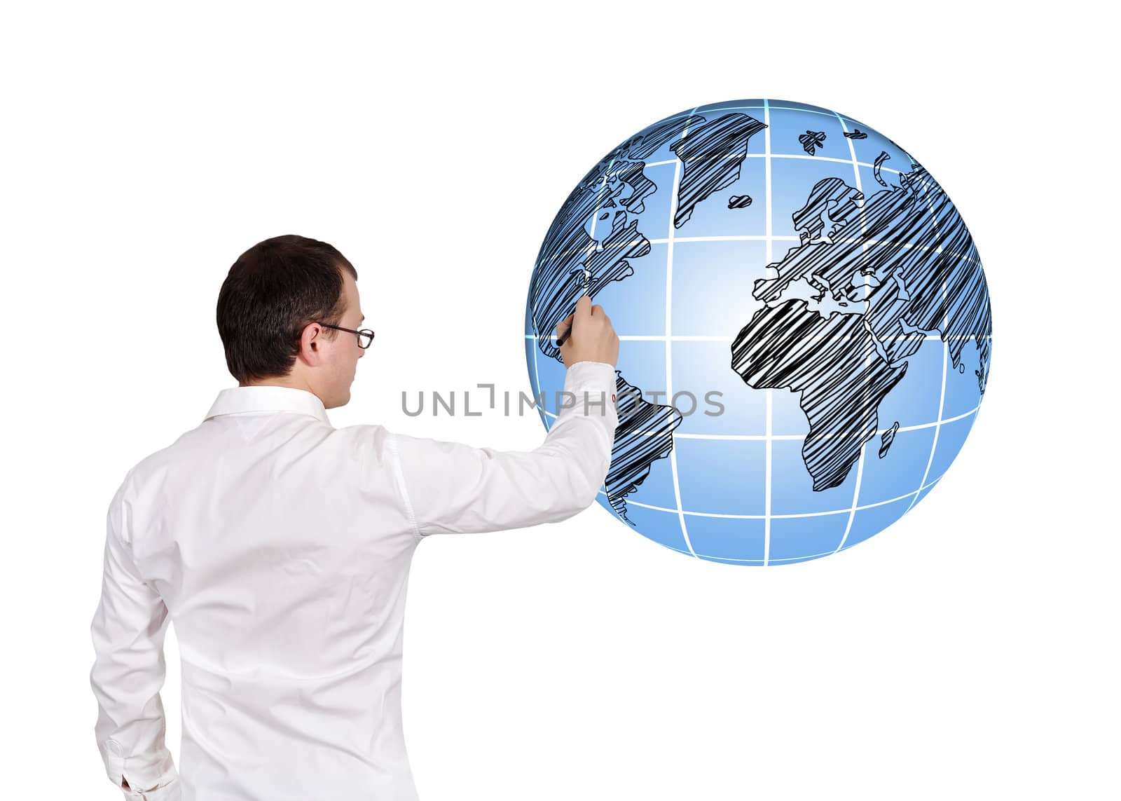 businessman drawing globe on white background