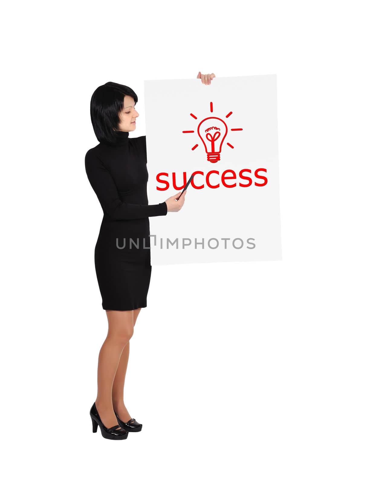 girl holding billboard with success symbol