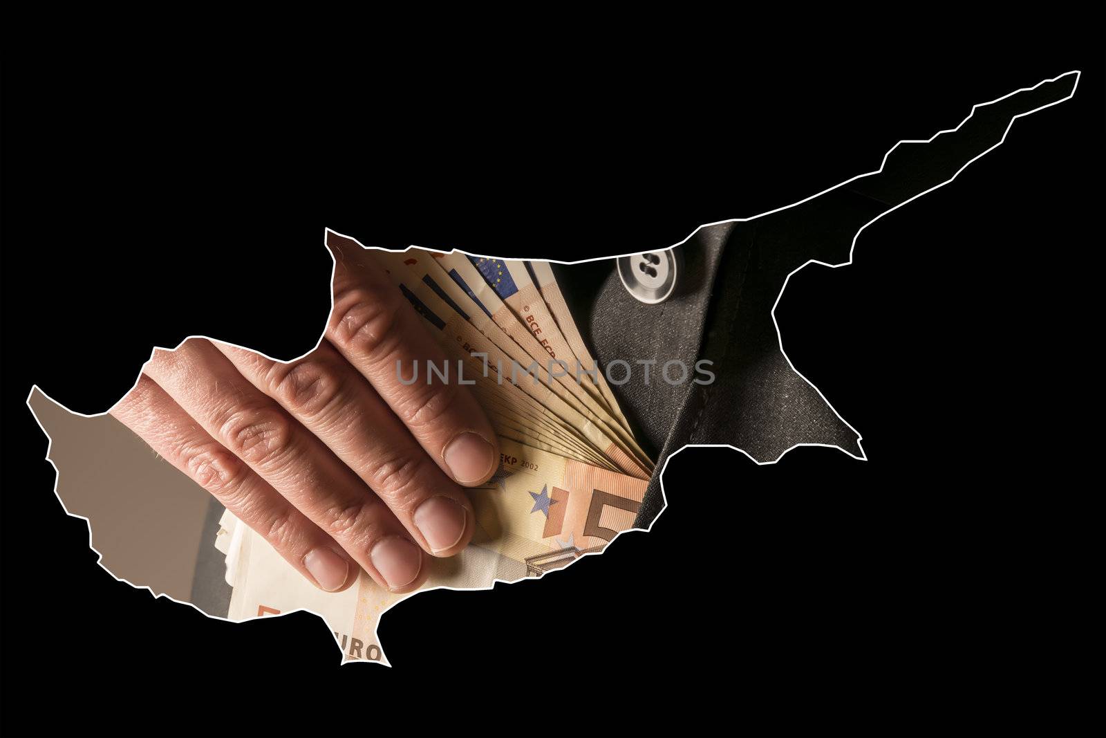 Black outline of the country of Cyprus with a single source in a suit that goes bills into pocket.