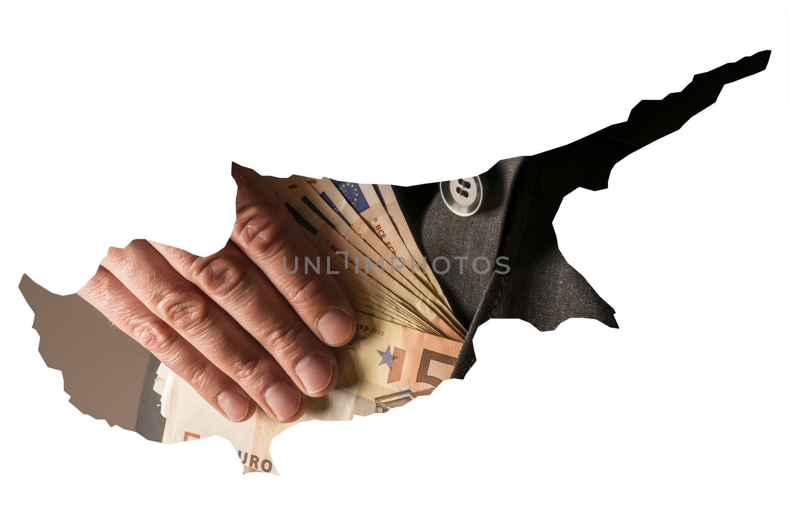 White outline of the country of Cyprus with a single source in a suit that goes bills into pocket.