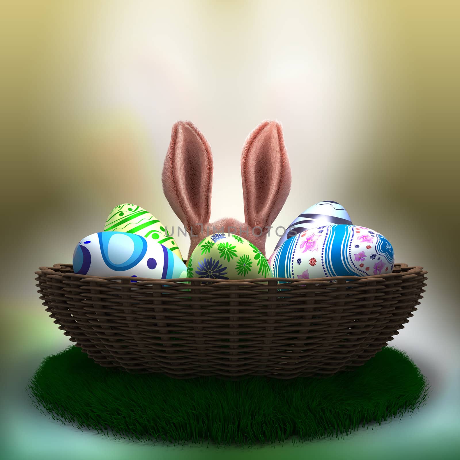 decorated Easter eggs on the grass in basket with Easter Bunny ears by denisgo