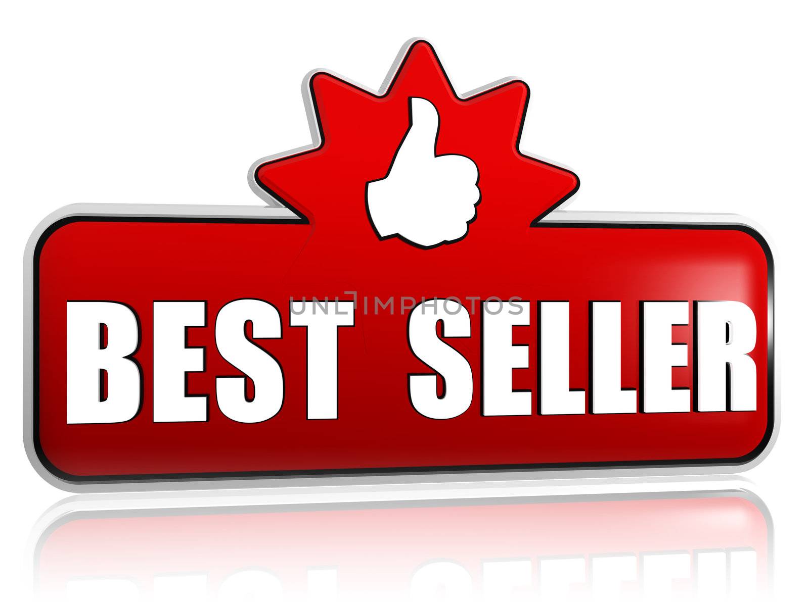 best seller and thumb up sign - text and symbol in 3d red banner with star, business concept