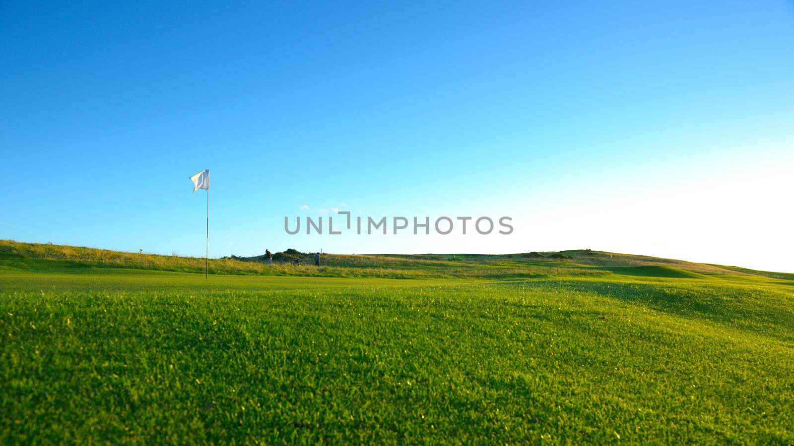 The flag is on the nice green golf course .