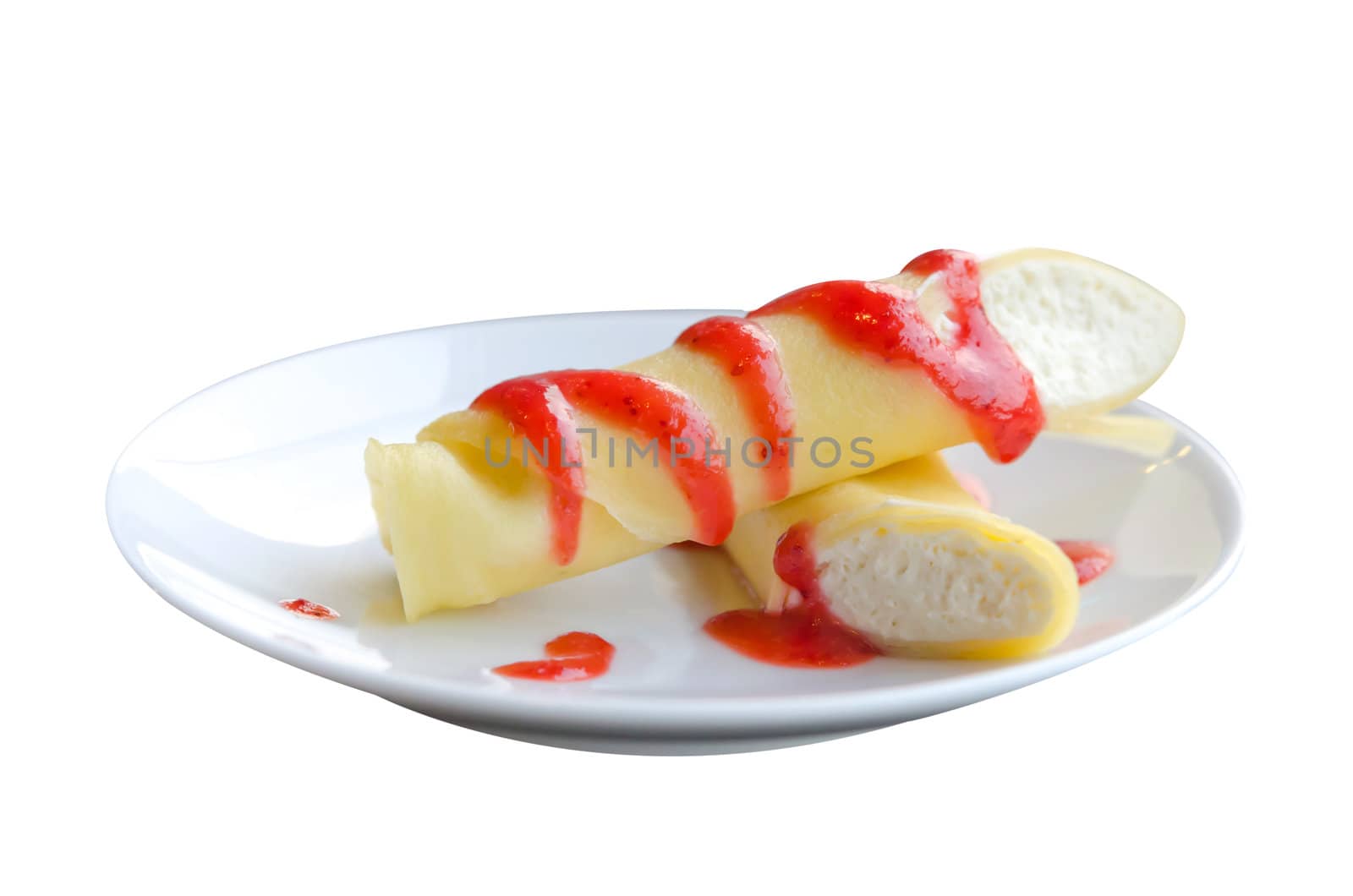 Dessert with the strawberries syrup and cream , the roll pancakes on white background 