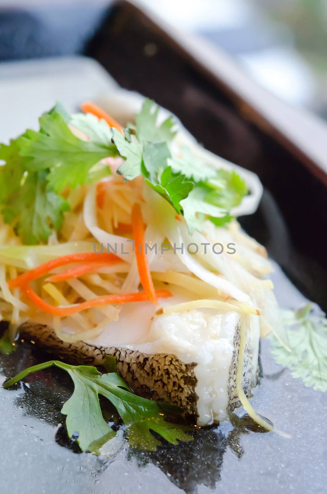 steamed white fish with vegetable , asian food