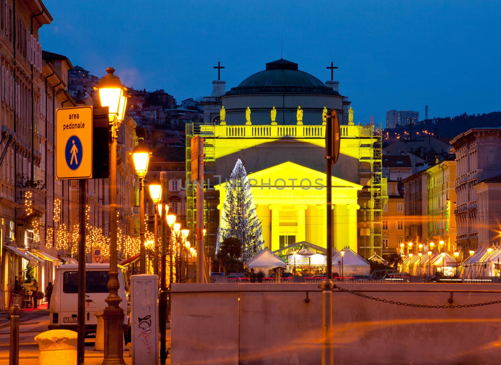 View of St. Antonio cathedral in the christmas day, Trieste - Italy