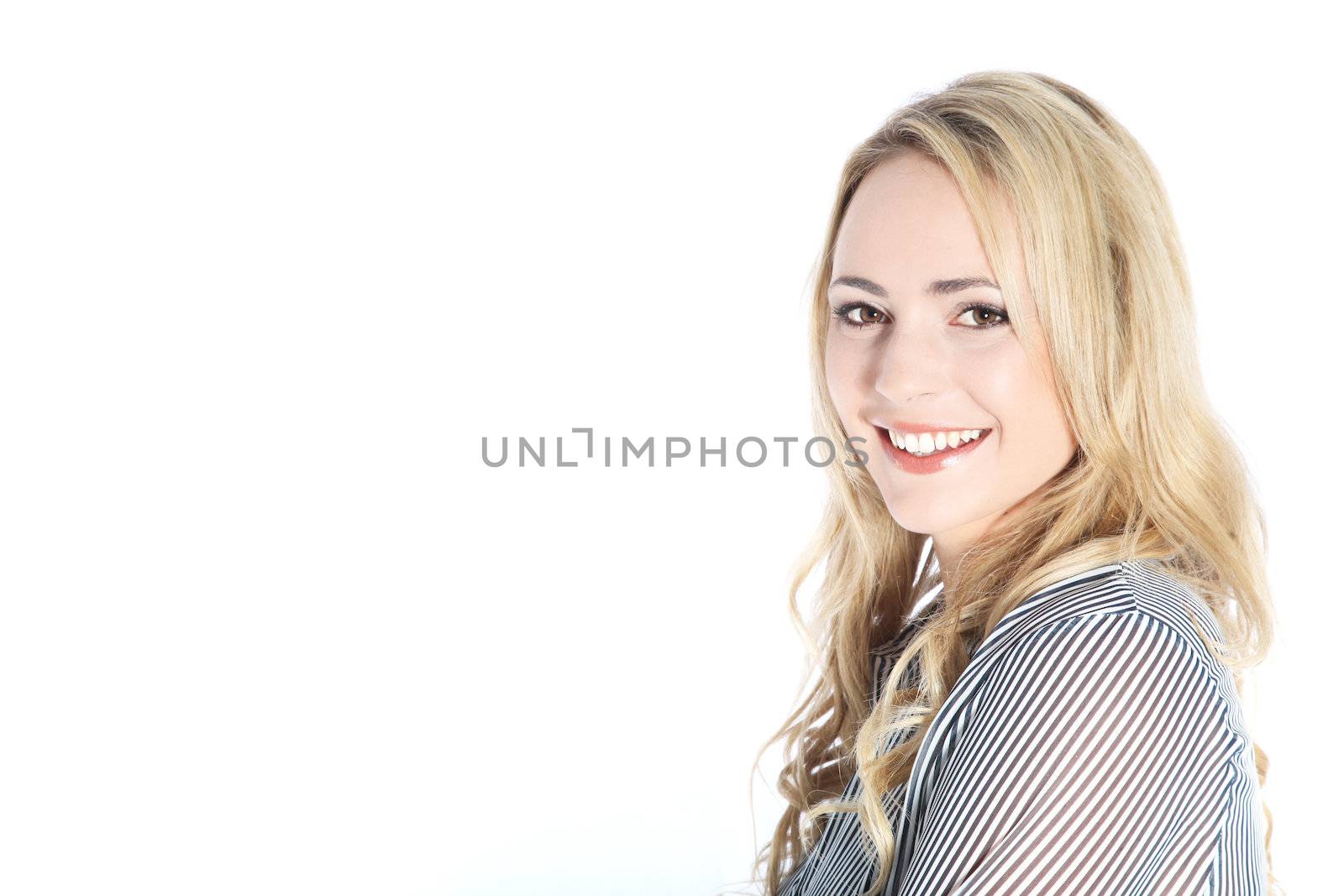 Studio shot of attractive friendly woman on white background with copy space Studio shot of attractive friendly woman on white background with copy space