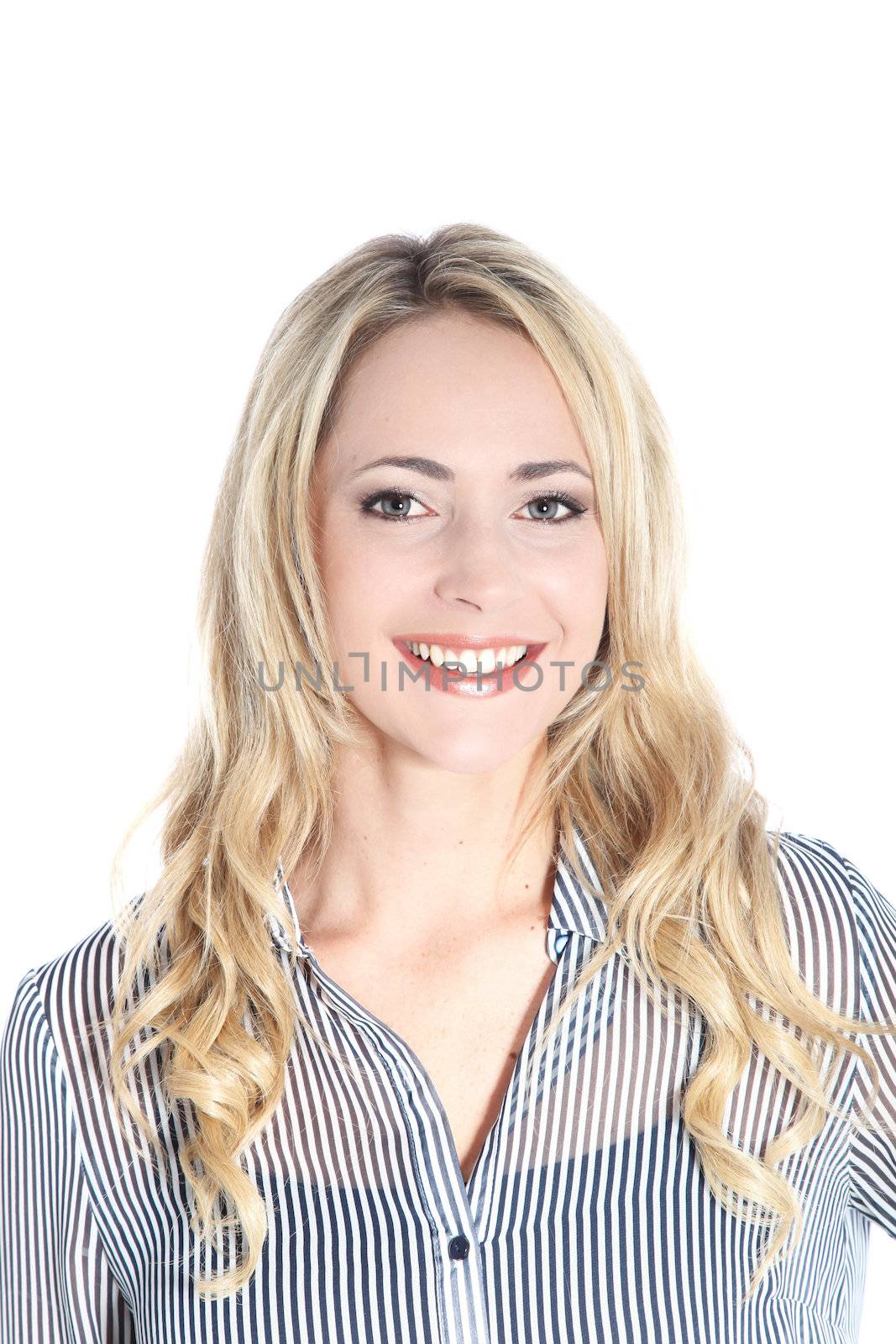 Studio portrait of a joyful outgoing young blonde woman with a beautiful radiant smile isolated on white 