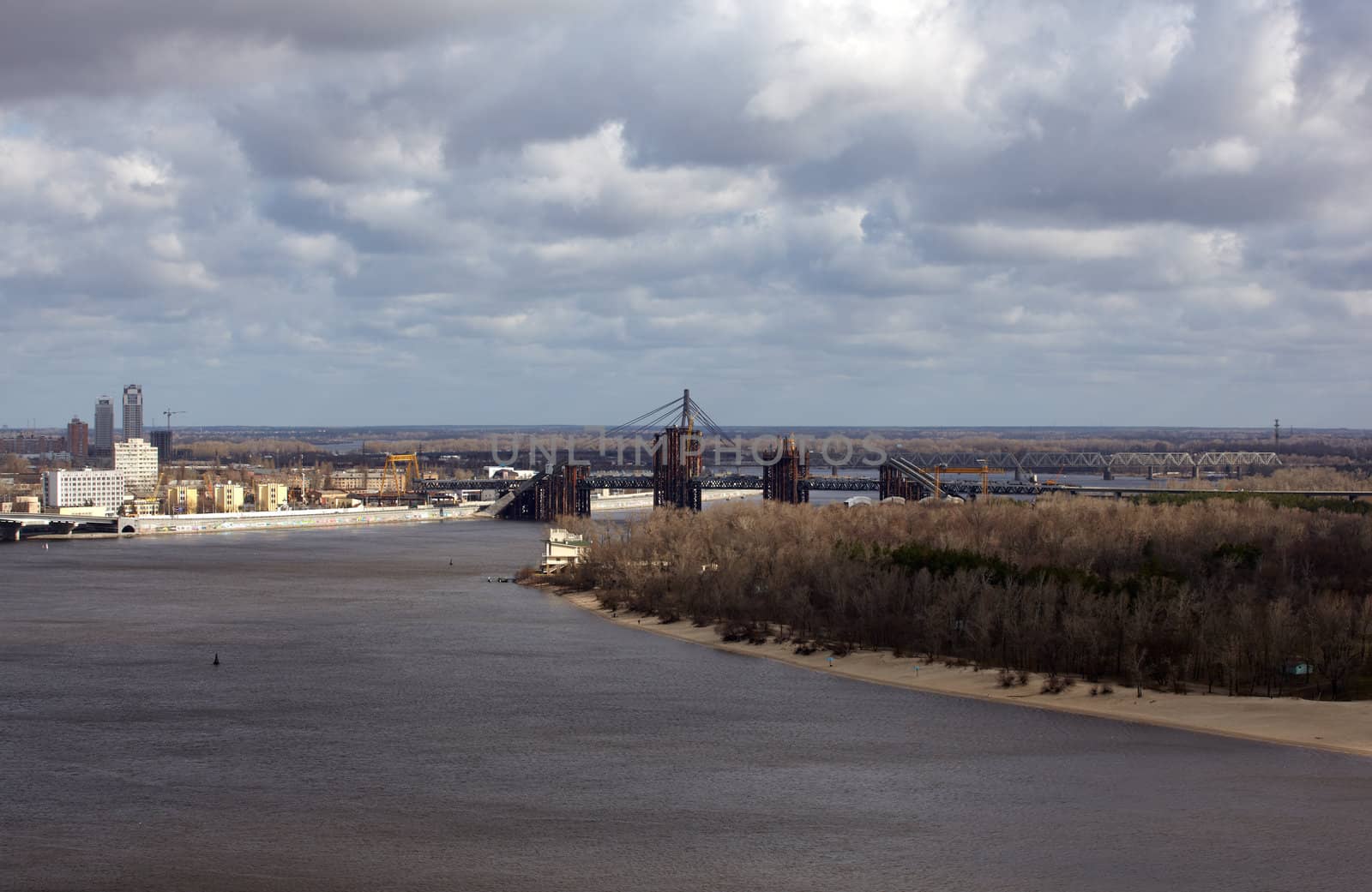 Kiev bussines and industry city landscape on Dnepr river