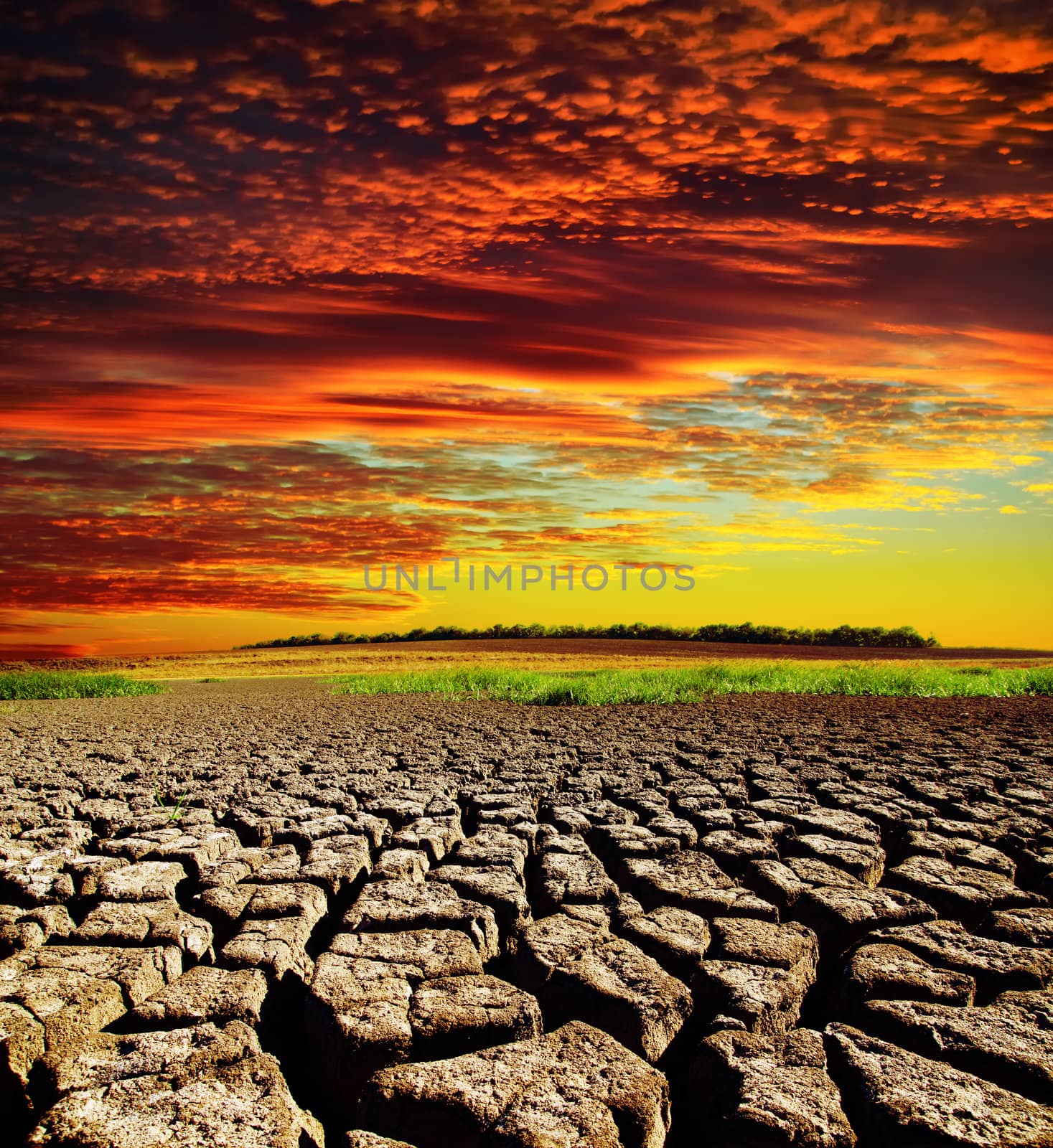 red dramatic sunset over dry cracked earth by mycola