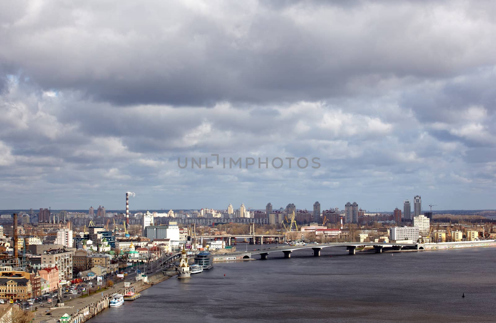 Kiev bussines and industry city landscape on Dnepr river