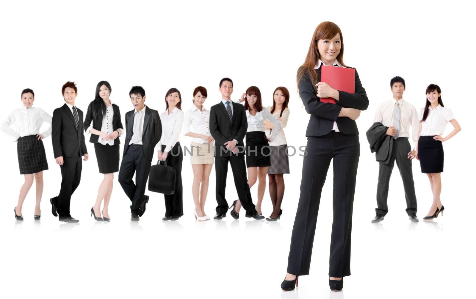 Confident business woman with her team on white background.