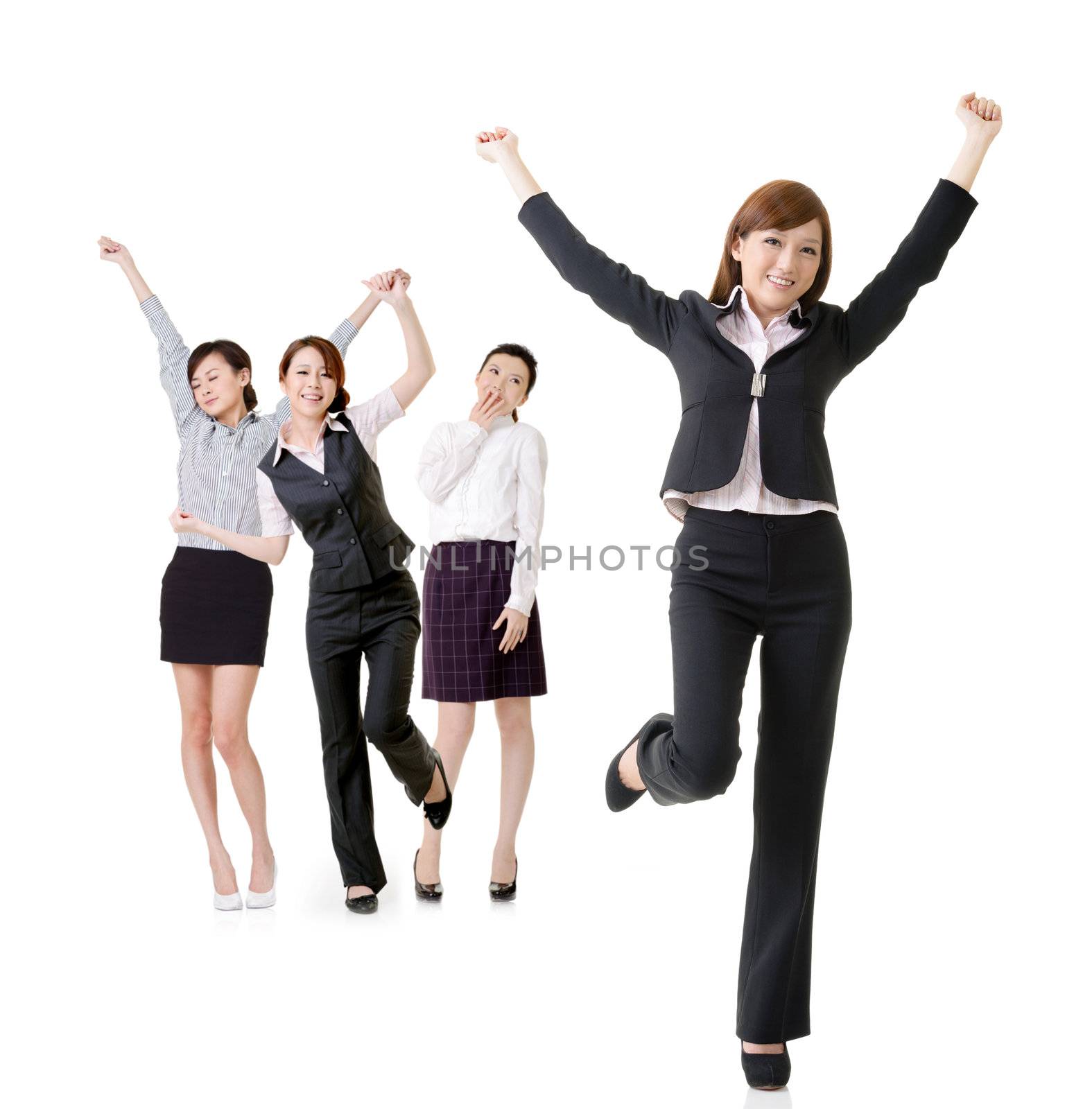 Excited business women, full length portrait of group people isolated on white background.