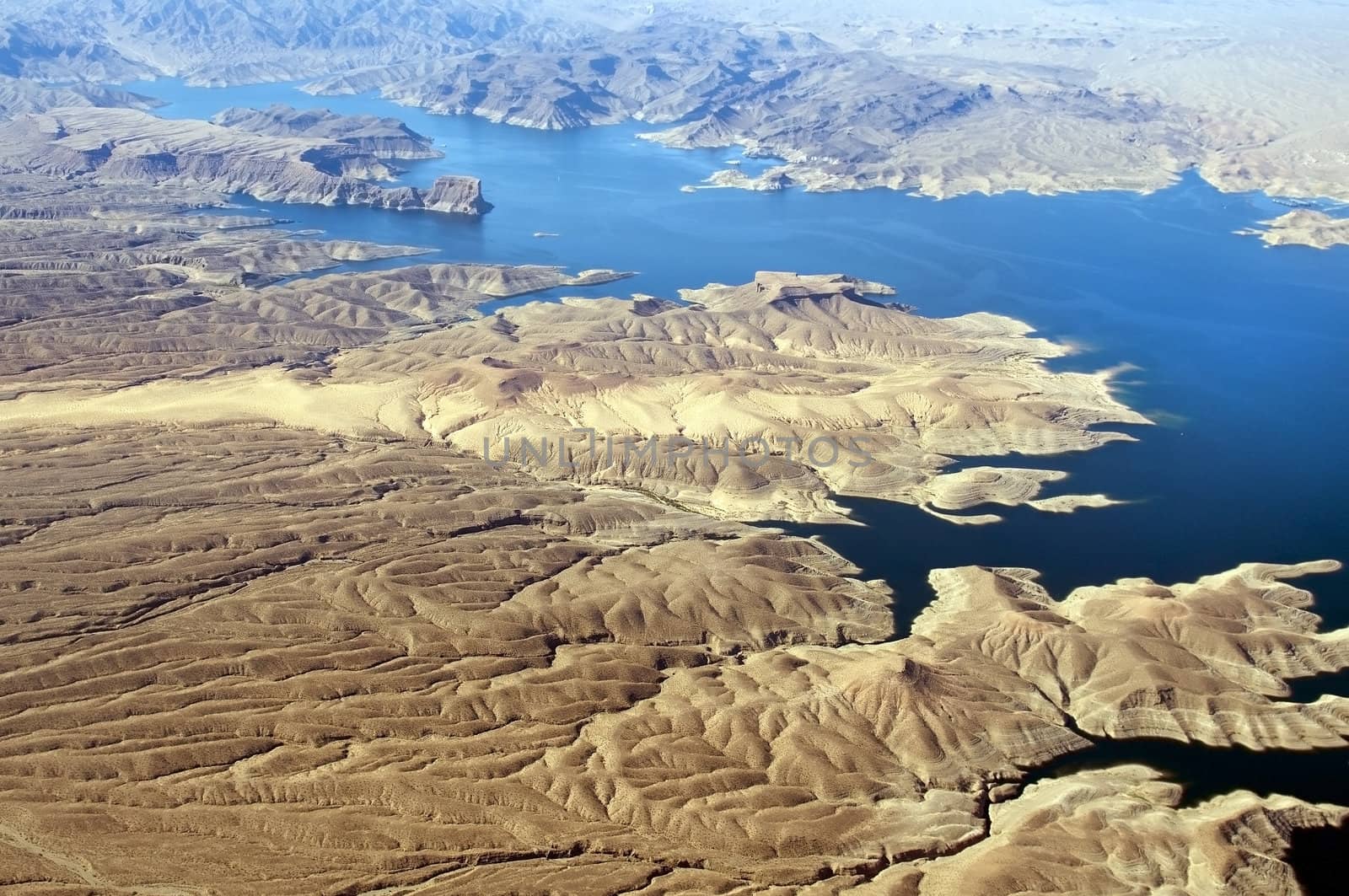 Aerial view of the Colorado River and Lake Mead, a snapshot taken from a helicopter on the border of Arizona and Nevada, USA