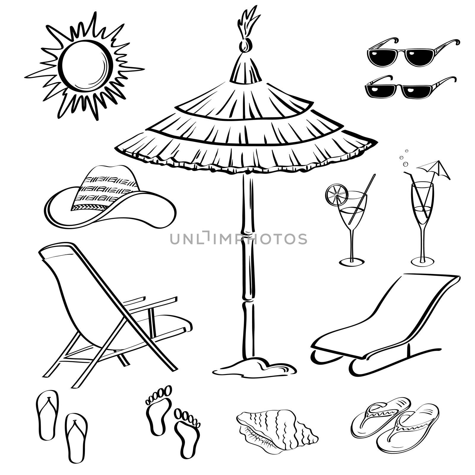 Set objects represent summer, exotic and a beach, black contour on white background.