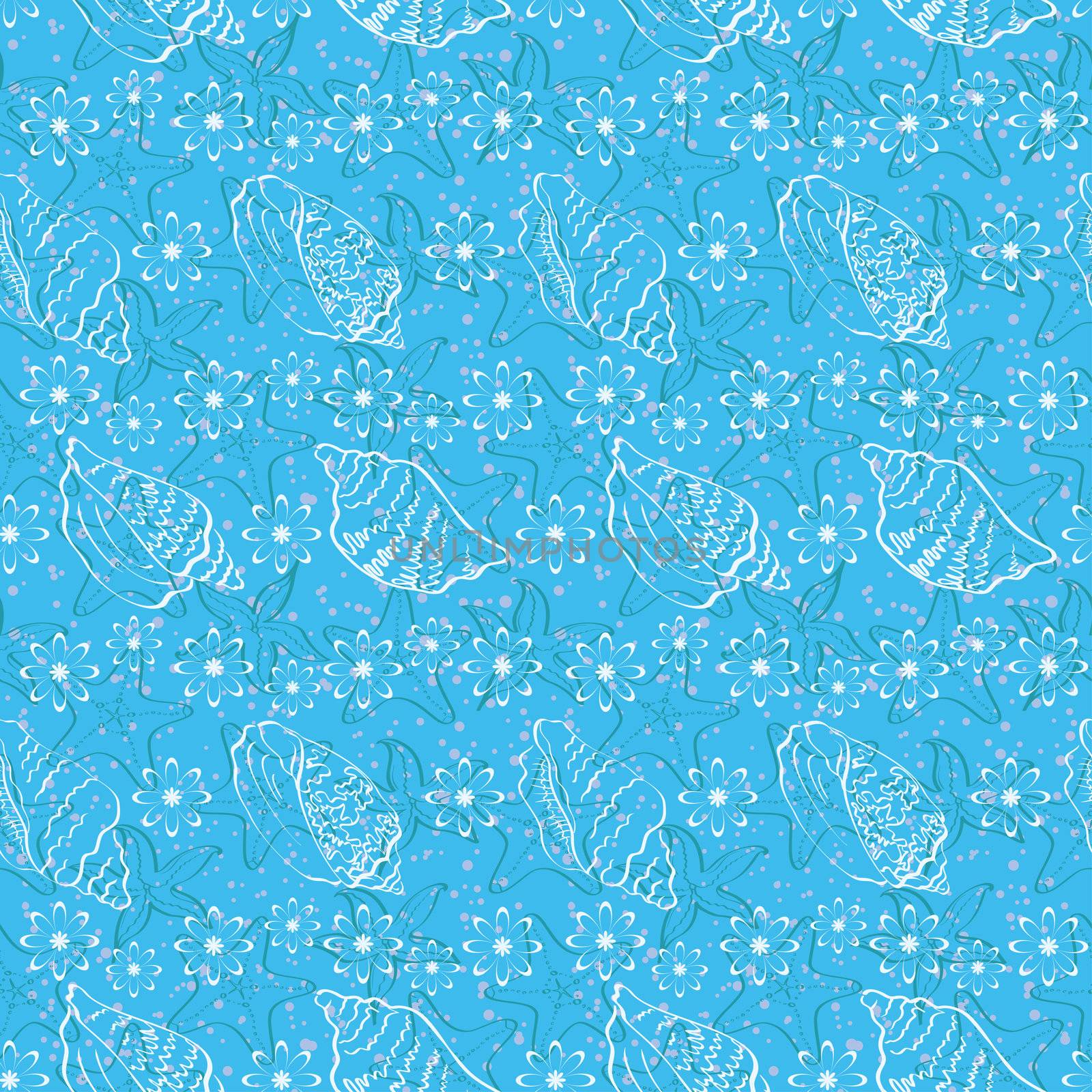 Seamless background, marine seashells and flowers, white contour on blue background.