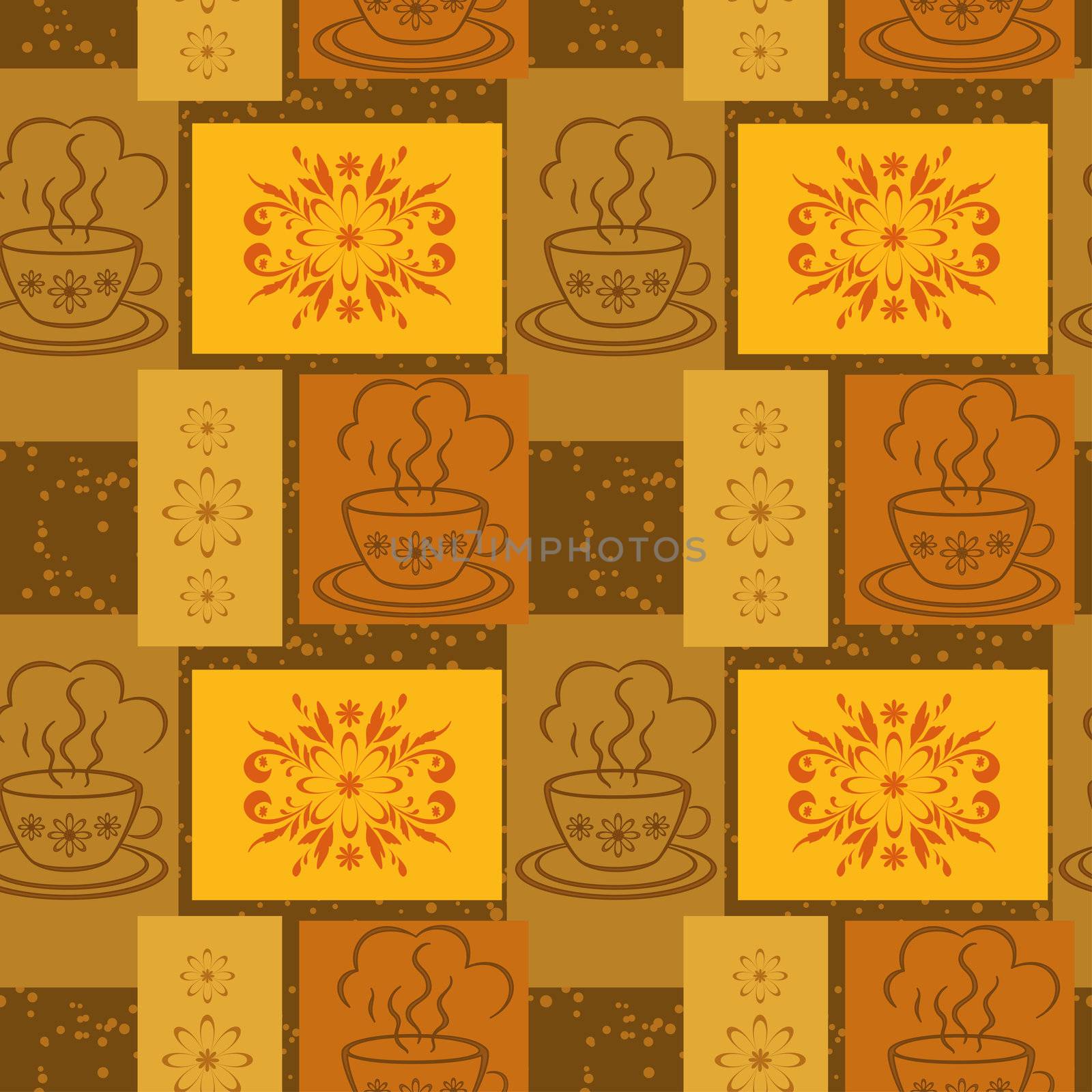 Seamless background, cups with a hot drink and rectangles with floral pattern.