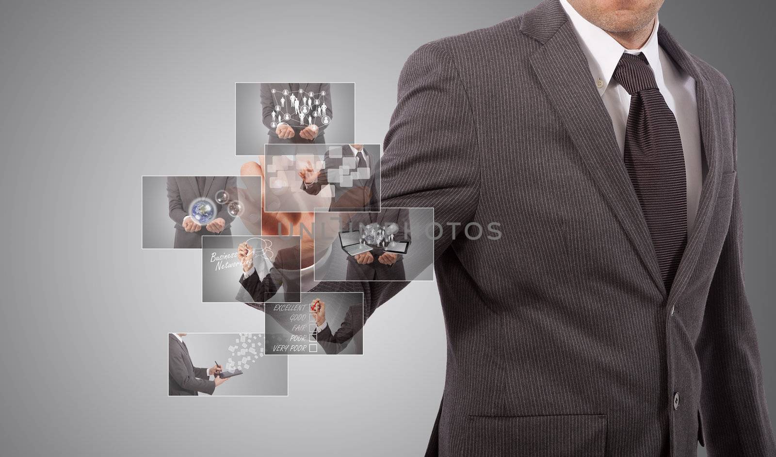 business man touching and reaching images streaming, grey background