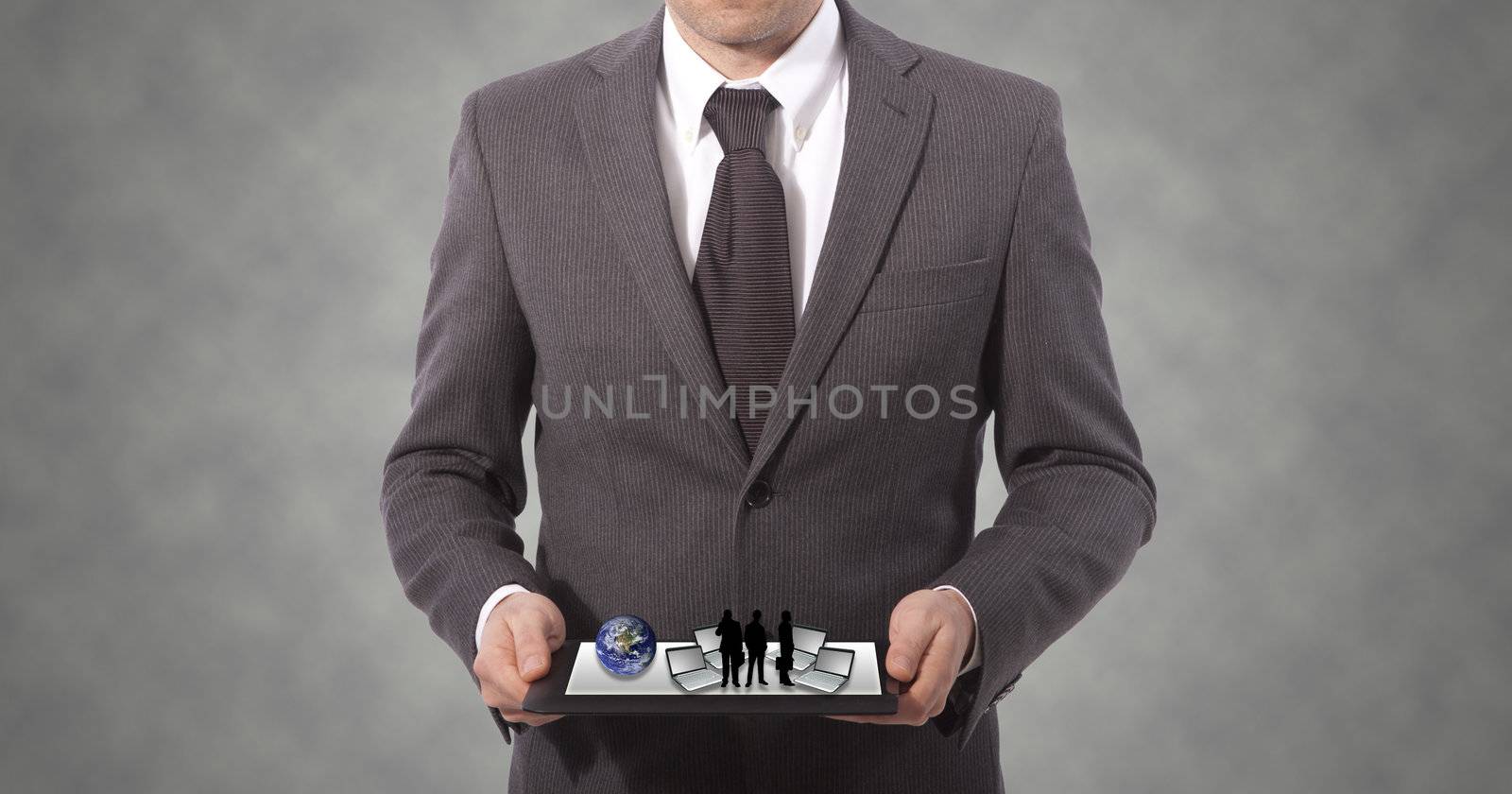 business man showing social network structure on tablet