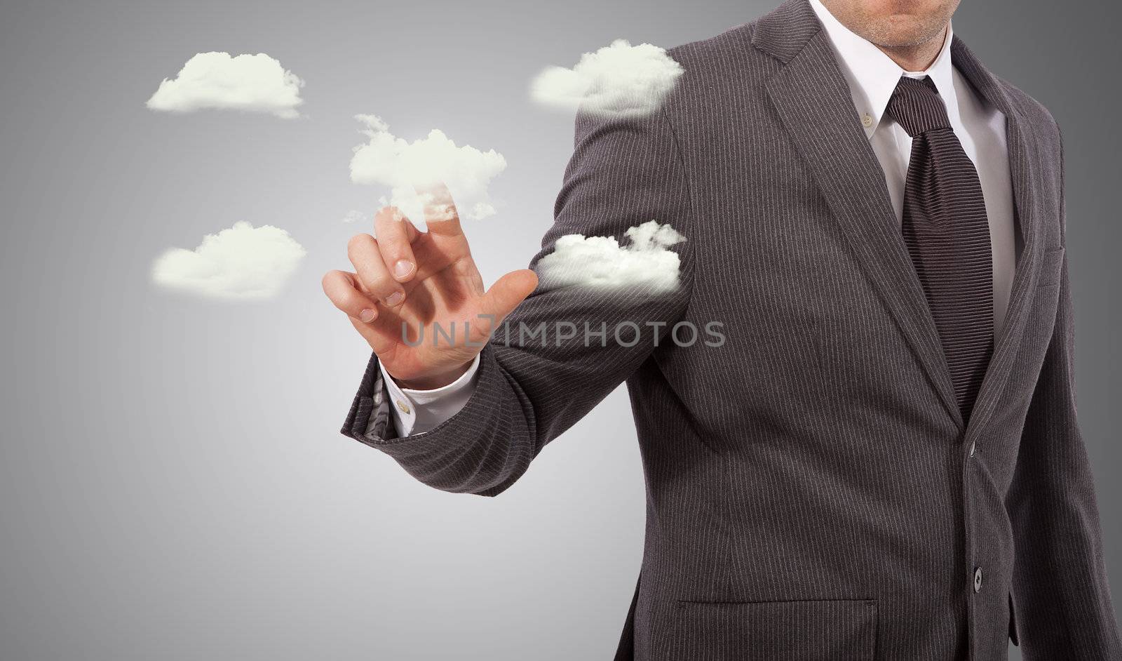 business man touching cloud structure, grey background