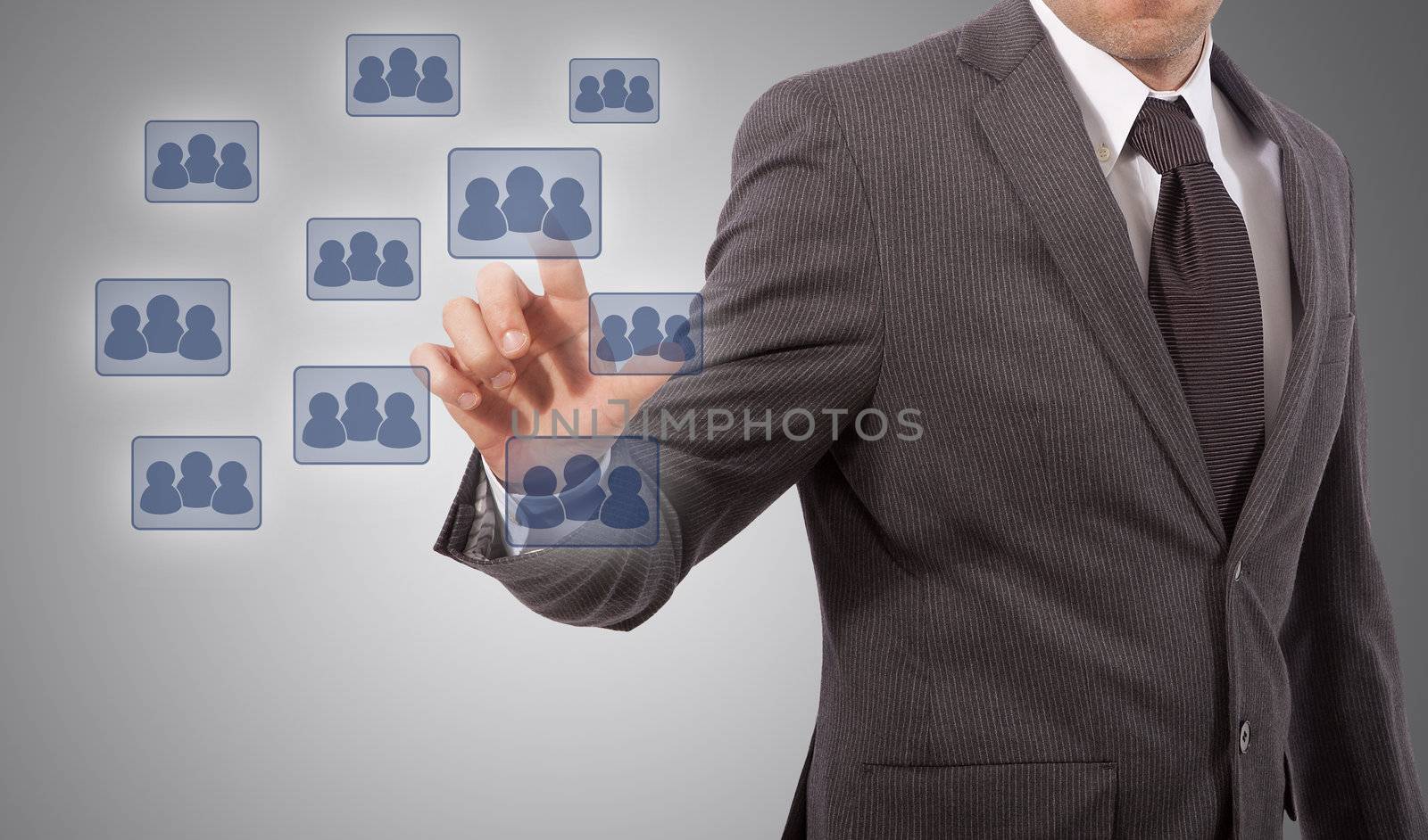 business man touching social network structure icon, grey background