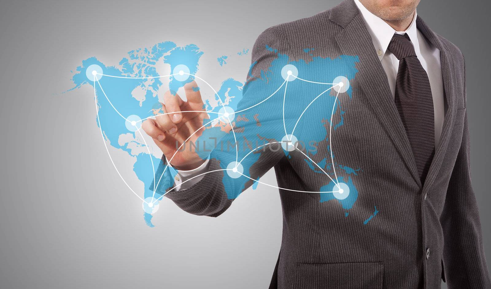 business man touching world map with social network structure, grey background