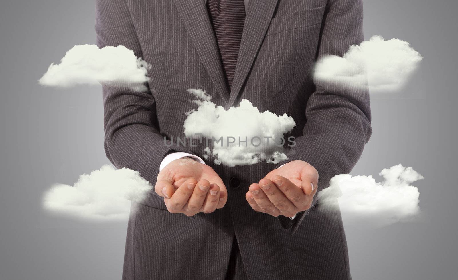 social cloud network in hands, grey background