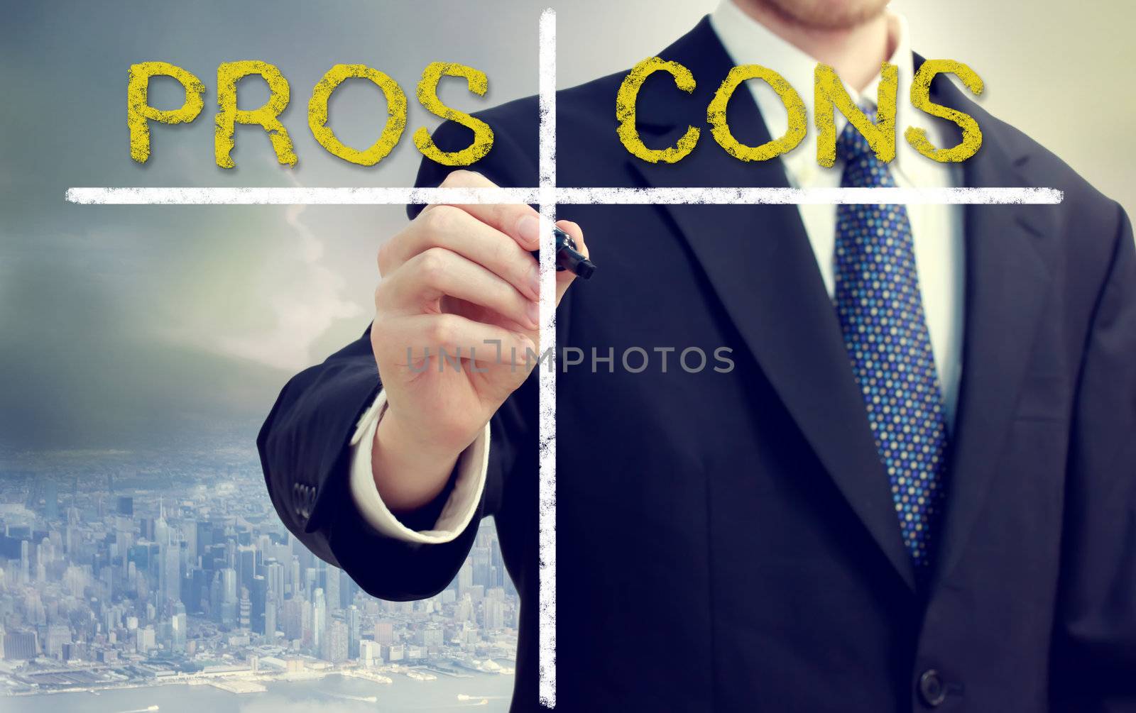 Business man writing pros and cons by melpomene