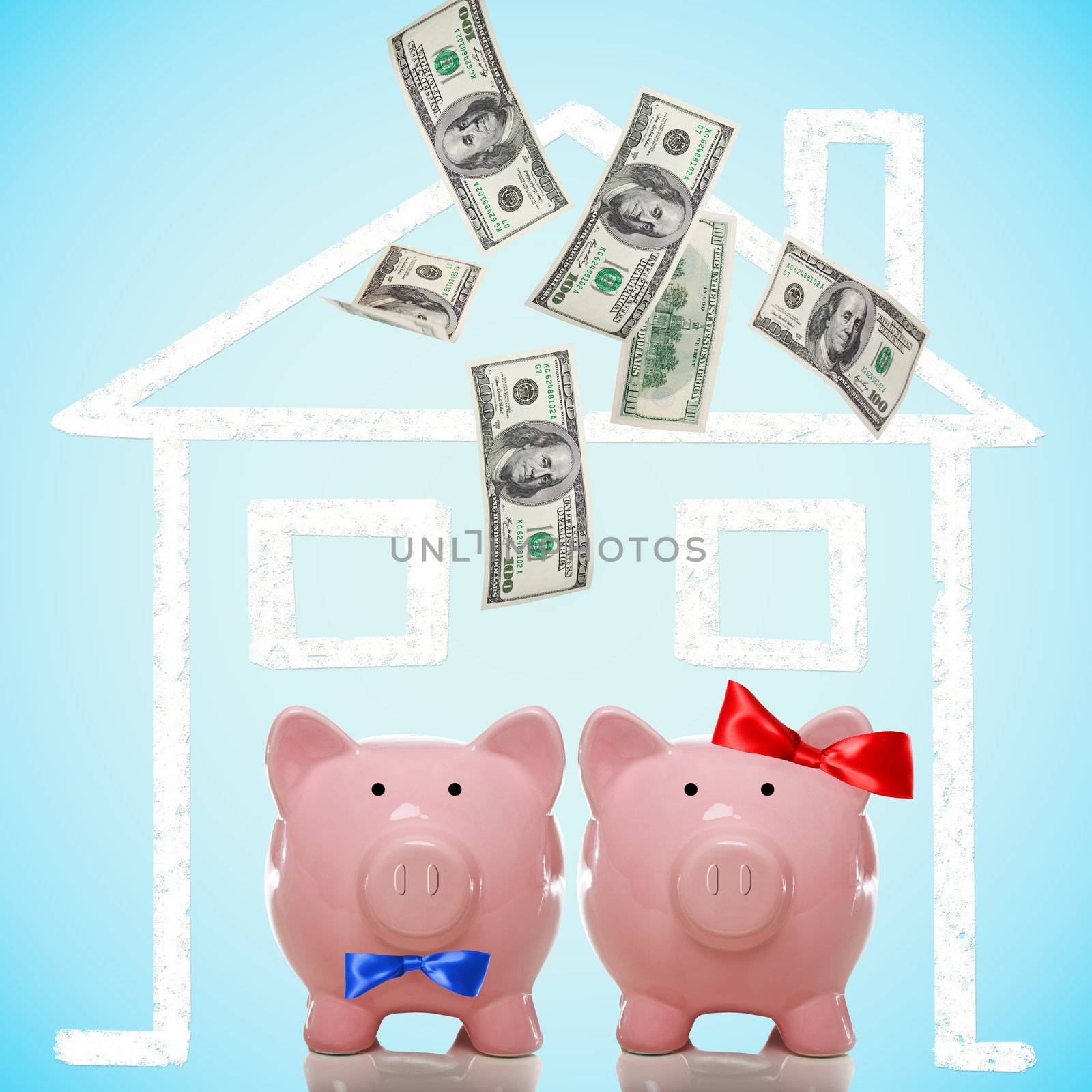 Piggy bank couple buying their dream home by melpomene
