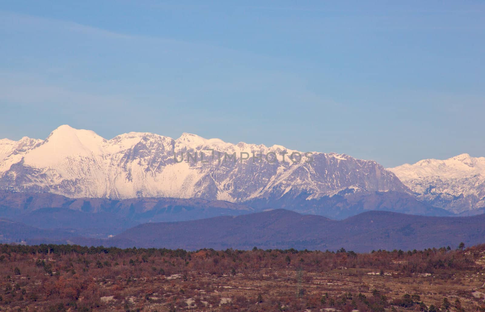 View of Julian Alps covered by snow