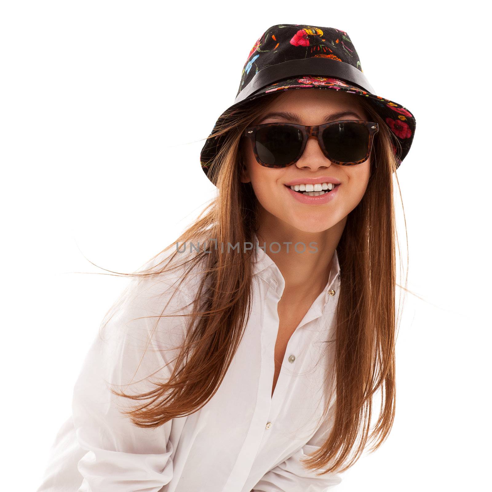 Young attractive woman in squared shirt and sunglasses