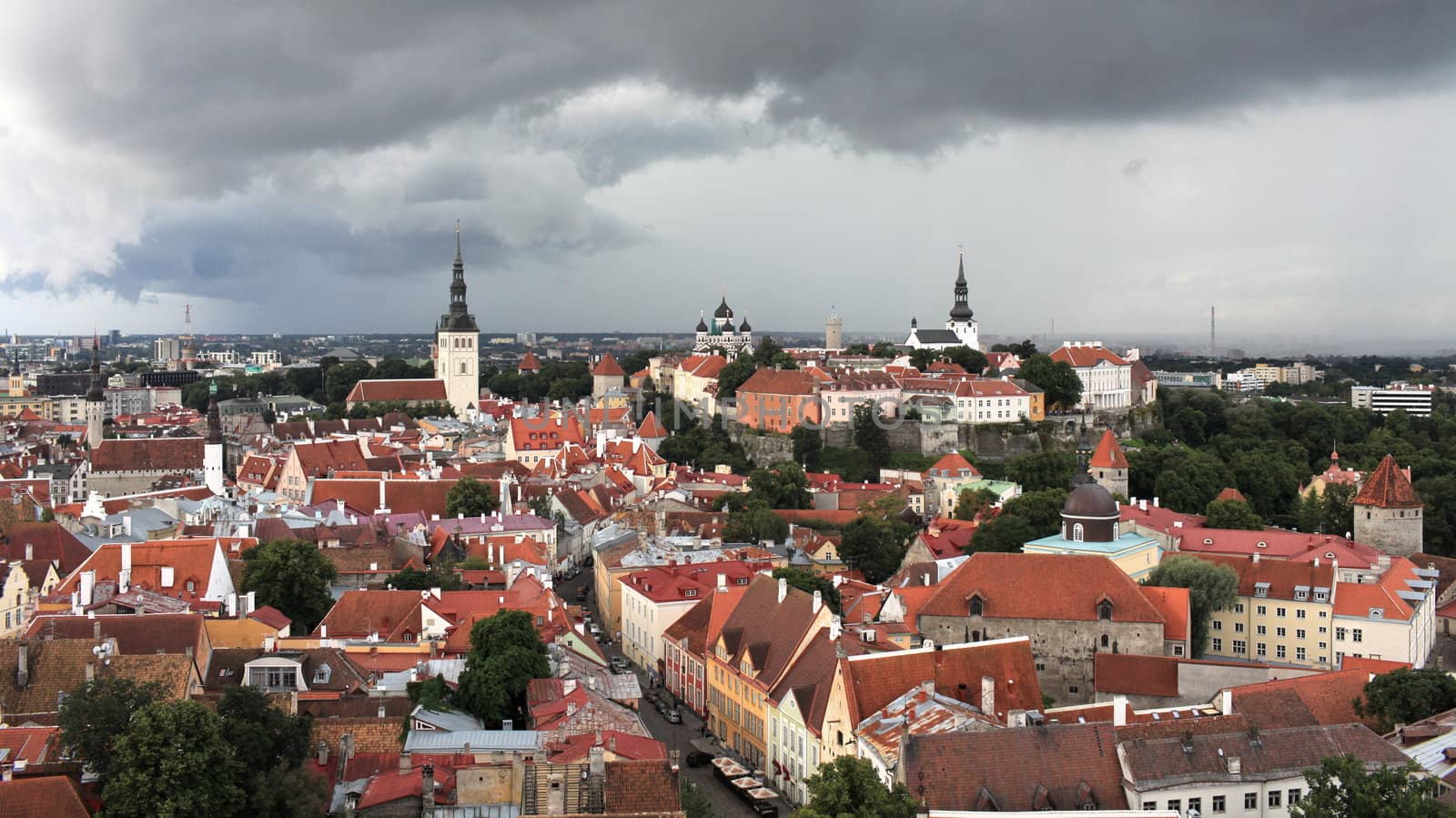 aerial view red tile roof of the medieval town Tallinn, Estonia