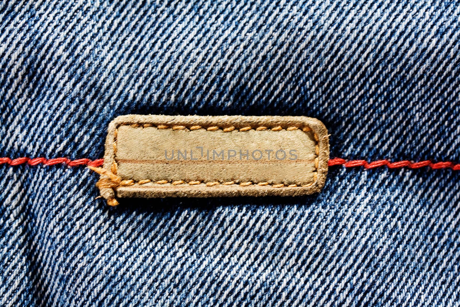 Blue jeans cloth with leather label, texture