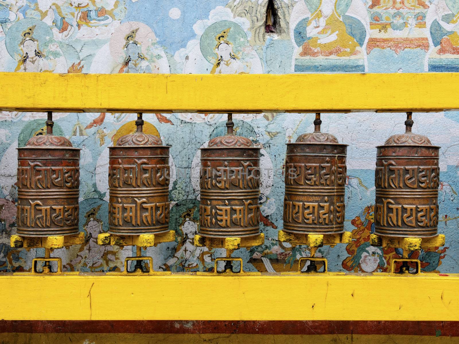 Prayer wheels at Bodhnath stupa in Kathmandu, Nepal
