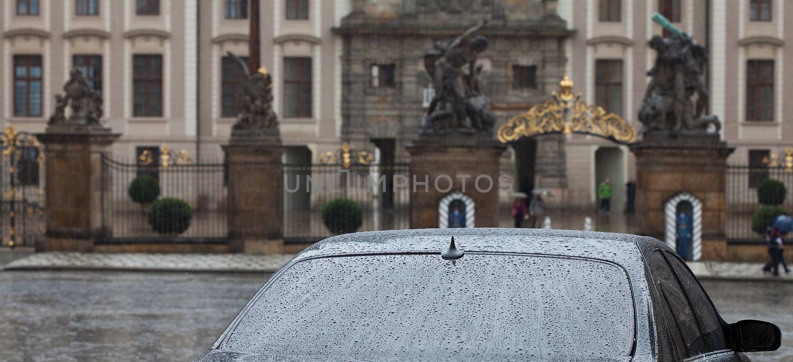 car standing in the rain