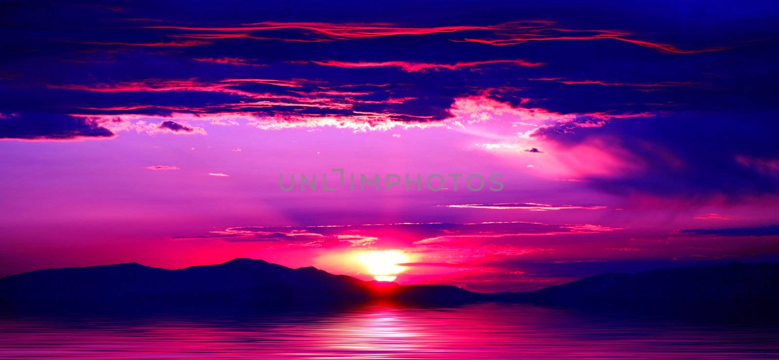 Beautiful mountains with spectacular purple sunrise or sunset at Lake Tahoe in California and Nevada