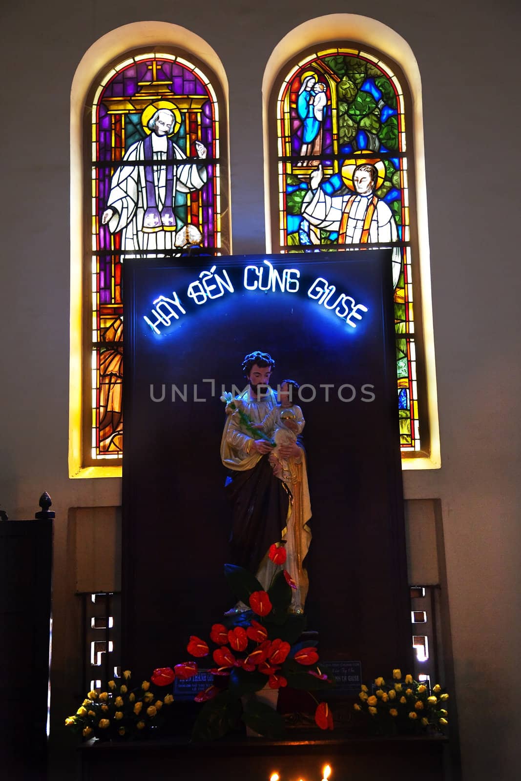 Come to Jesus Shrine Statue Stained Glass Notre Dame Cathedral, Nha Tho Duc Ba, built in 1883 largest cathedral in French Empire Saigon Ho Chi Minh City Vietnam