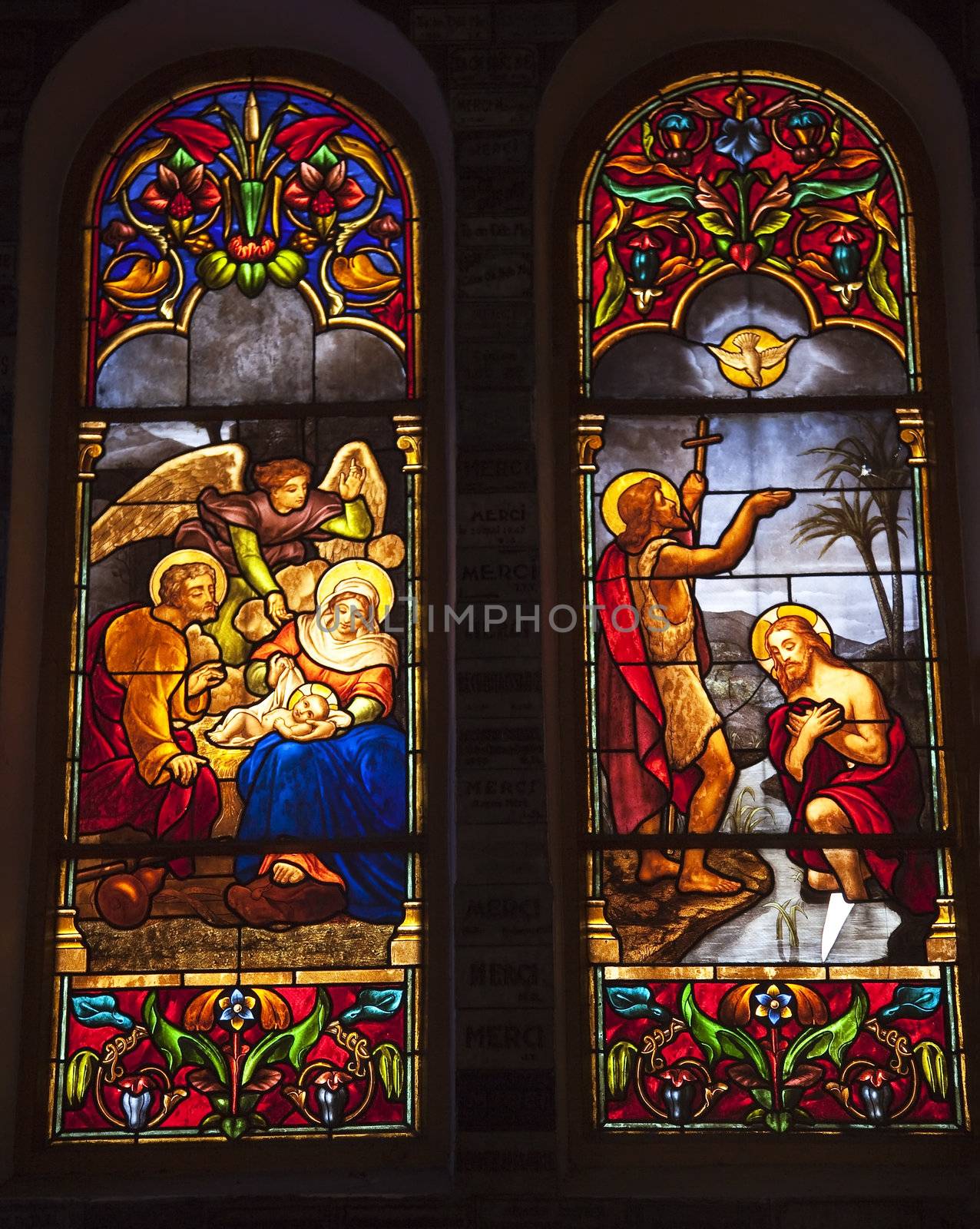 Notre Dame Cathedral, Nha Tho Duc Ba, build in 1883 largest cathedral in French Empire Stained Glass Jesus Birth Baptism Ho Chi Minh City Vietnam