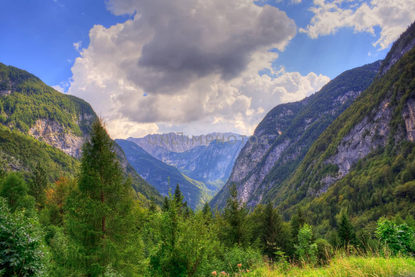 View of Julian Alps in the Slovenian countryside